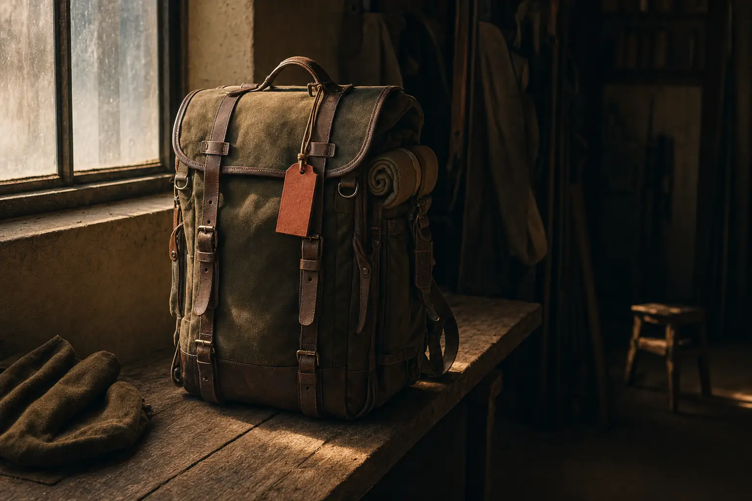 A packed and strapped field kit standing on a bench in morning light, a terracotta tag laced to its handle.