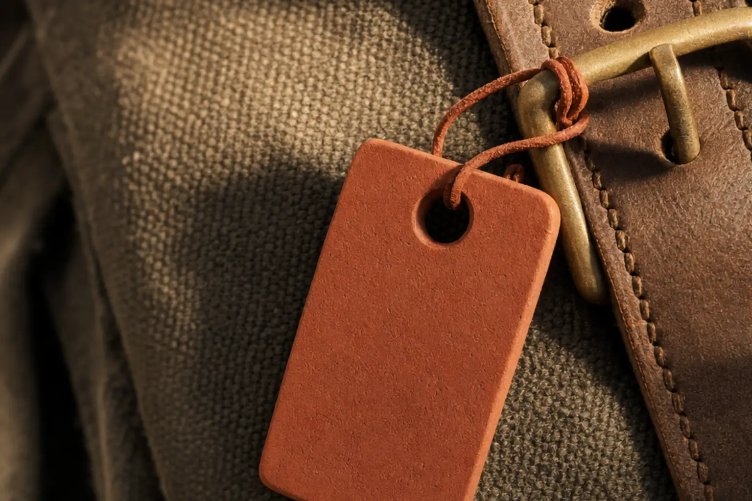 A terracotta tag lying against a canvas strap and brass buckle in raking morning light.