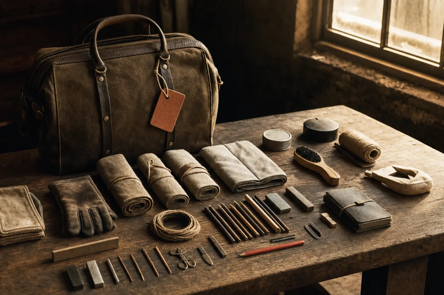 A field kit open for final inspection with its contents laid in strict order beside it, terracotta tag on the handle.