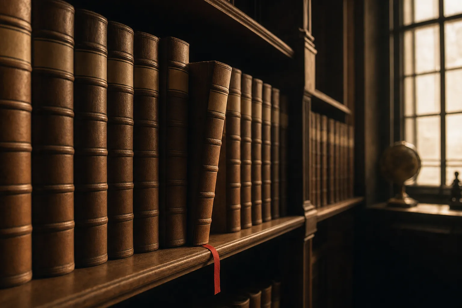 Matched leather ledgers shelved in strict order, one pulled proud with a red ribbon marker trailing in library window light.