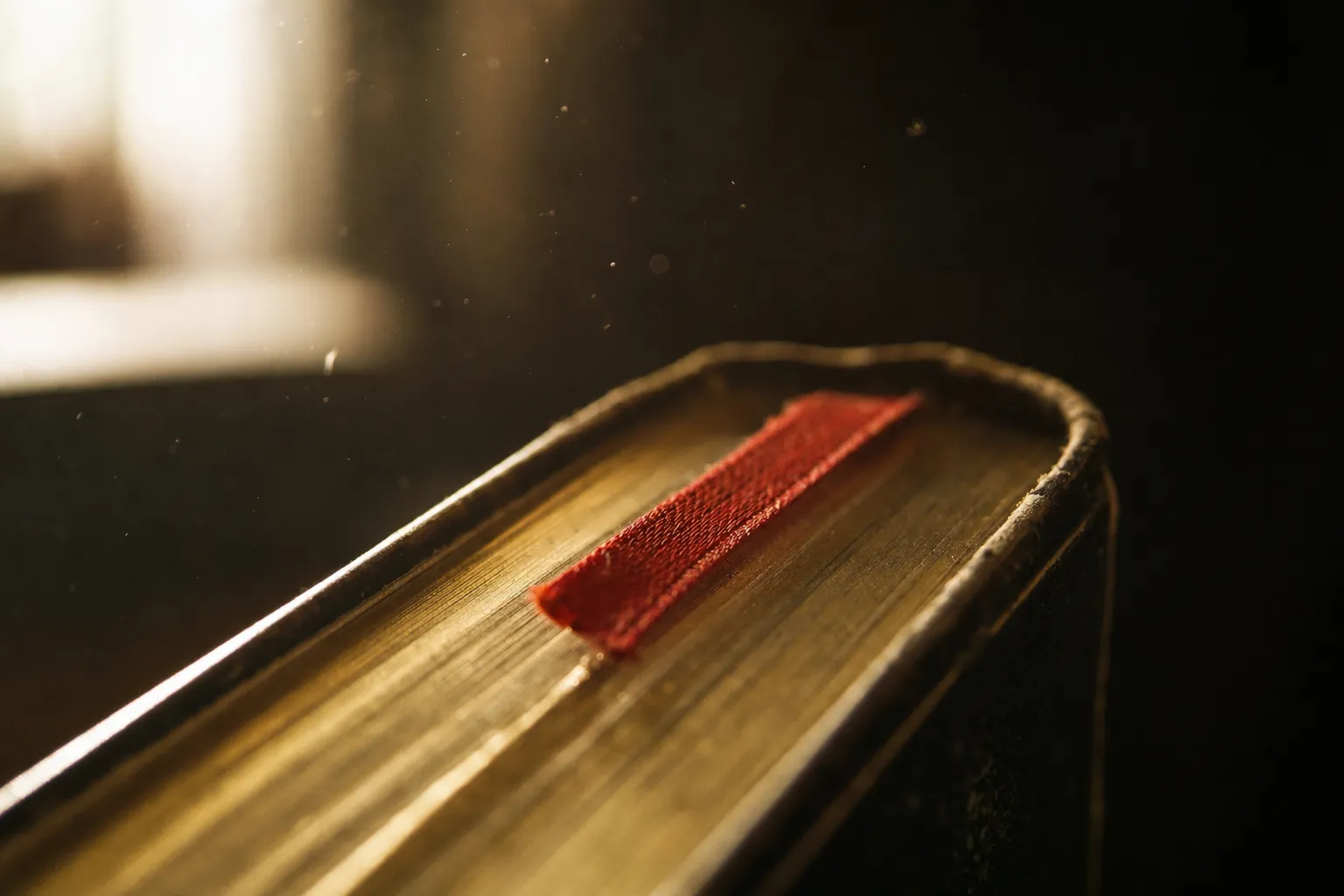 A red ribbon marker lying in the gilded page edge of a leather ledger in close window light.
