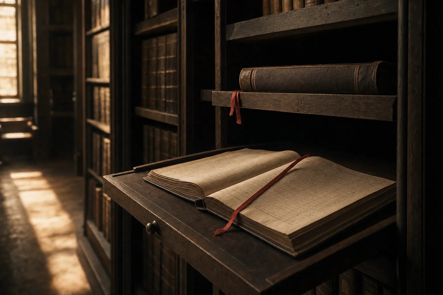 A leather ledger open on a pull-out board beneath its shelf, red ribbon across abstract ruled pages.