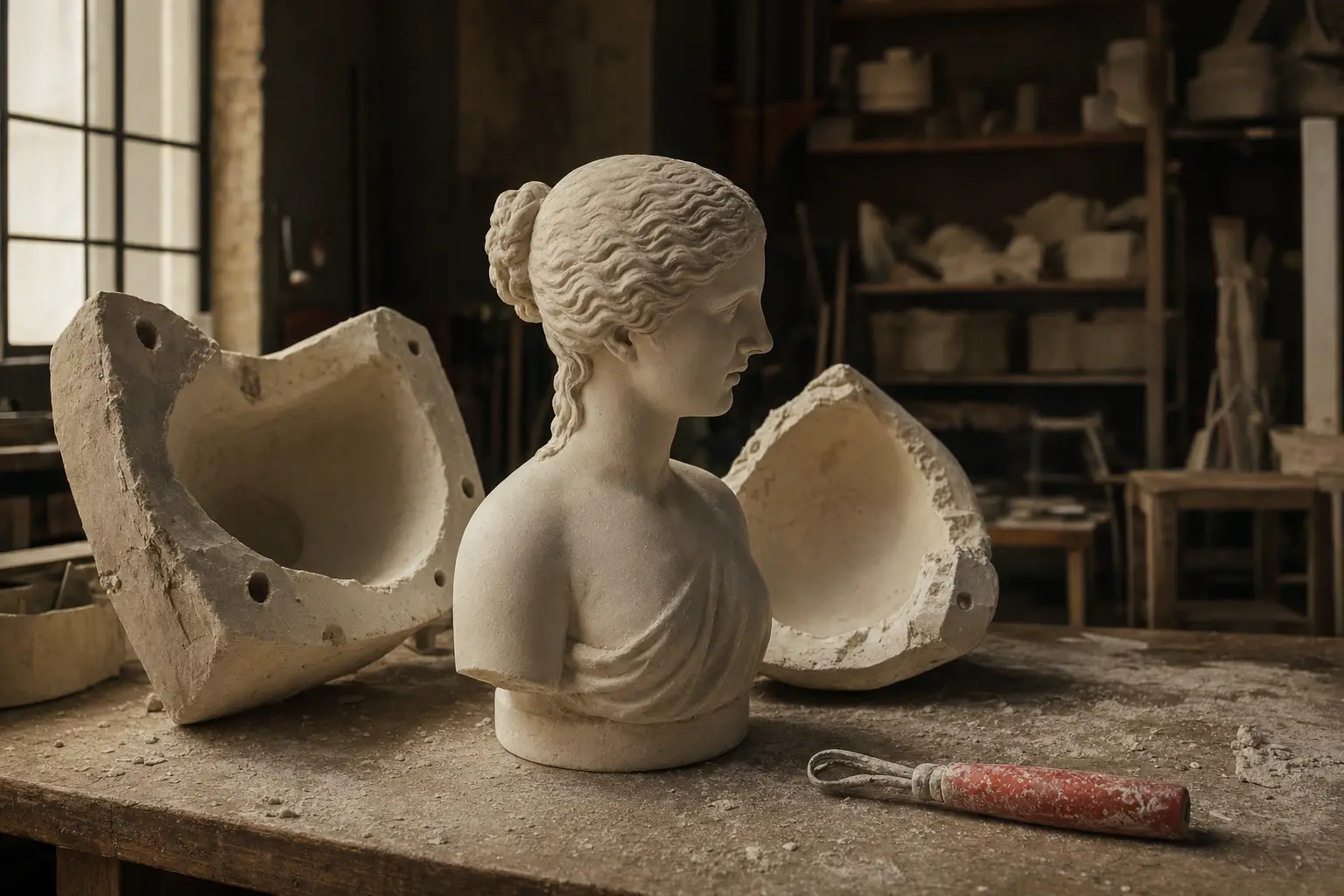 A plaster cast standing free beside its opened mold on a workbench, a red-handled lifting tool resting in the plaster dust.