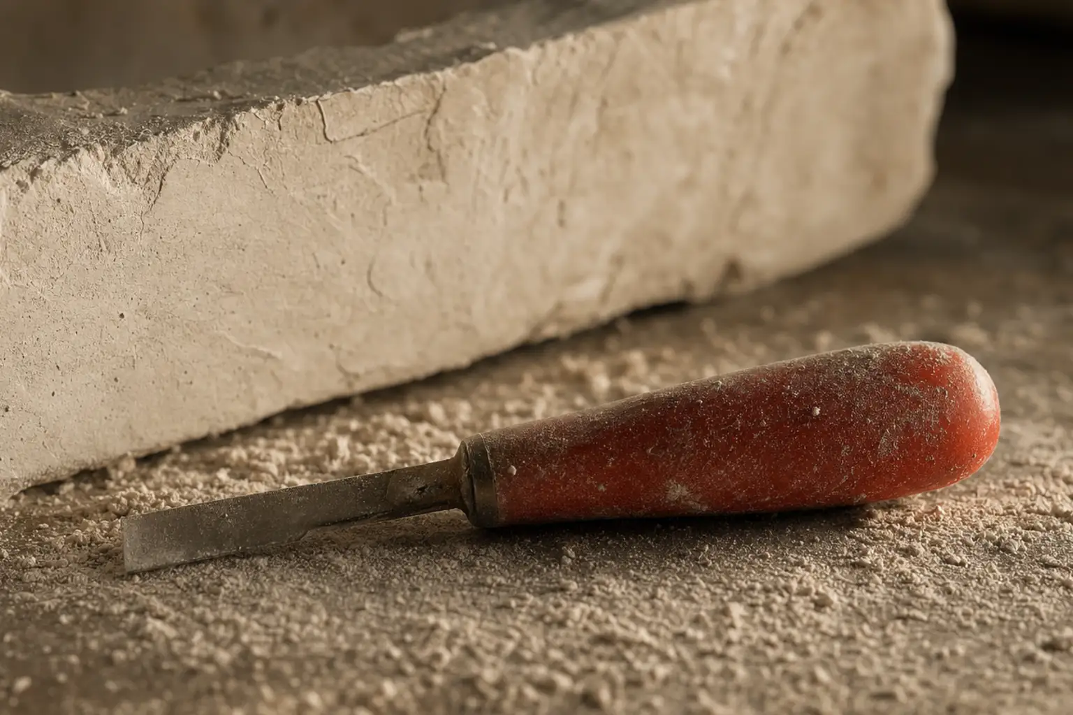 A red-handled lifting tool lying in fine plaster dust with the cast's pale edge soft behind.