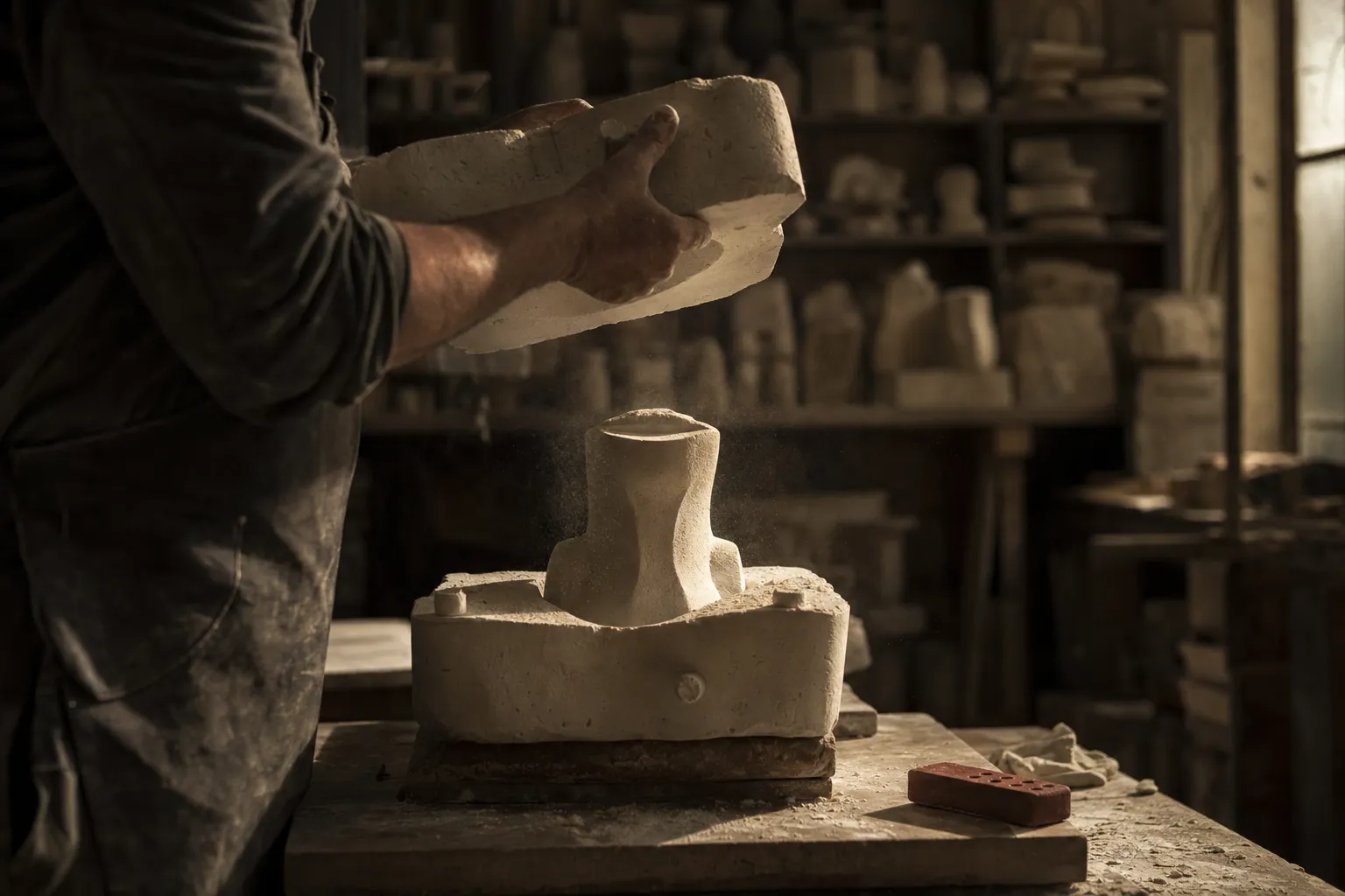 Hands easing a mold half away from a plaster cast that holds its shape, dust drifting in north light.