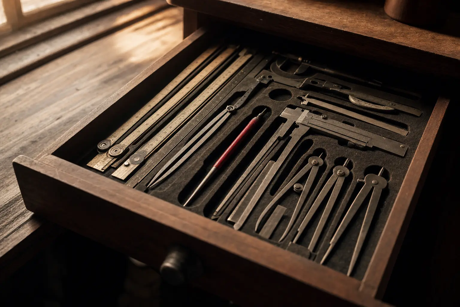 A felt-lined drawer of fitted measuring instruments in window light, a red-tipped scriber in the center recess.