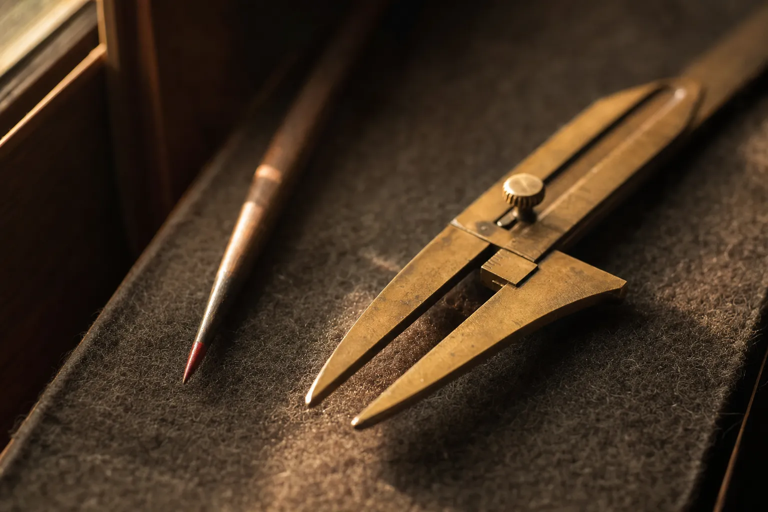 Brass caliper jaws just open beside a red-tipped scriber on soft felt.