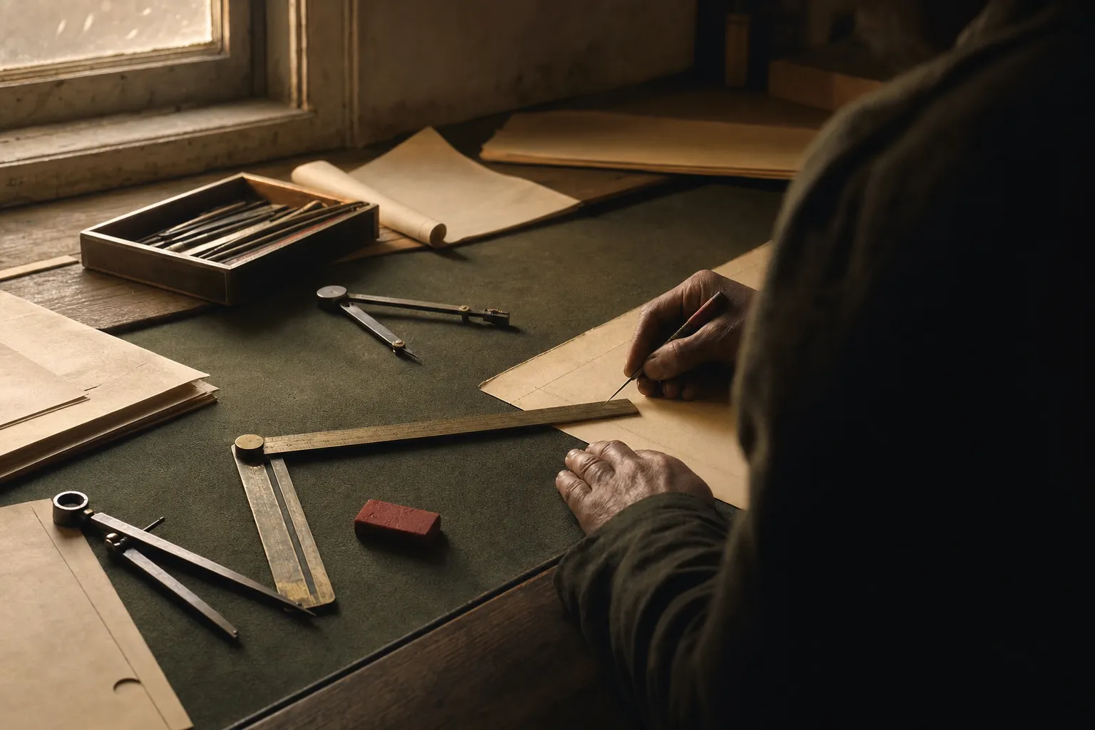 Measuring instruments laid mid-use on baize as a red-tipped scriber marks a line.