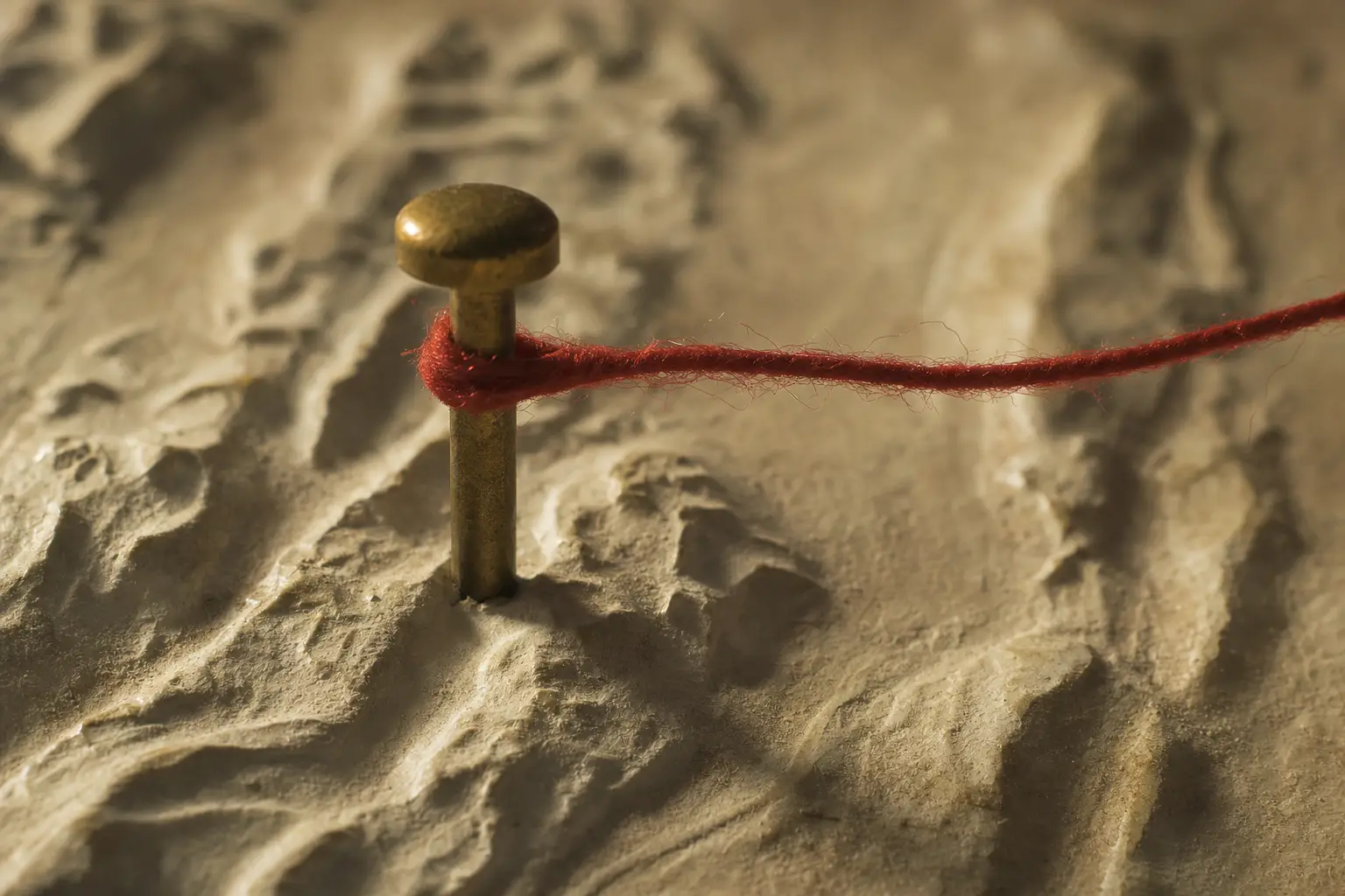 A close view of red thread turning around a single brass pin on a plaster-white map.