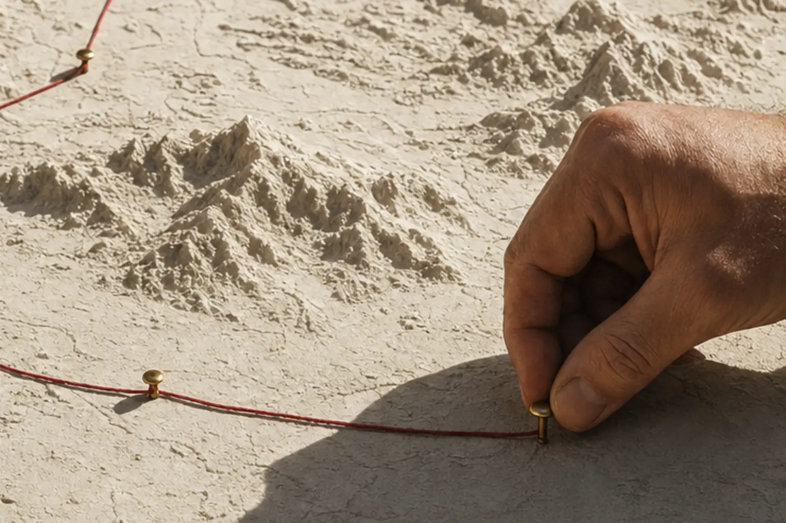 A hand pressing the final brass pin into a plaster map as the taut red thread arrives at the route's end.