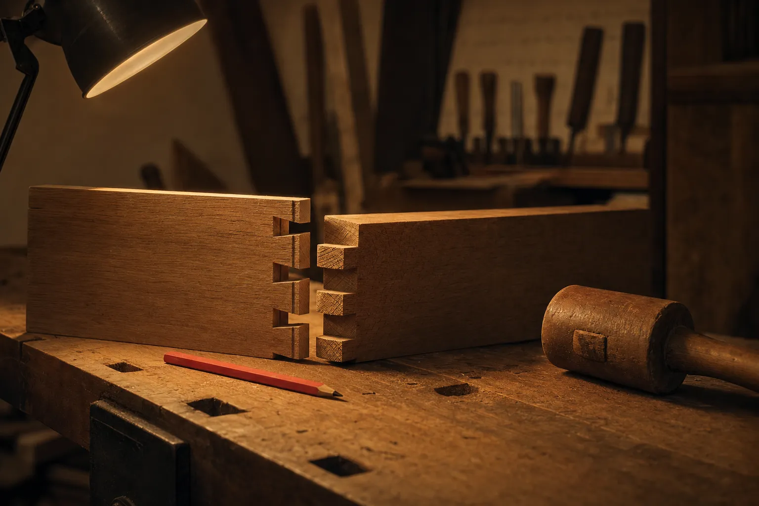 Two timber halves with hand-cut dovetails half-seated on a bench, a red carpenter's pencil beside the joint in raking lamplight.