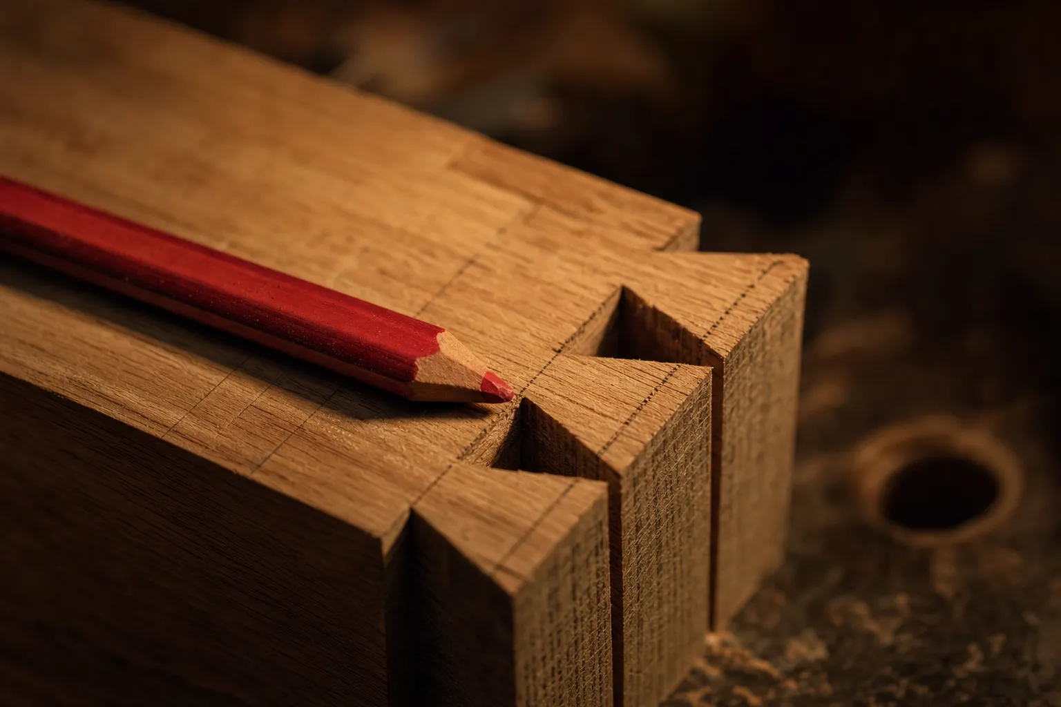 A red carpenter's pencil lying along a dovetail's marked shoulder in close raking light.