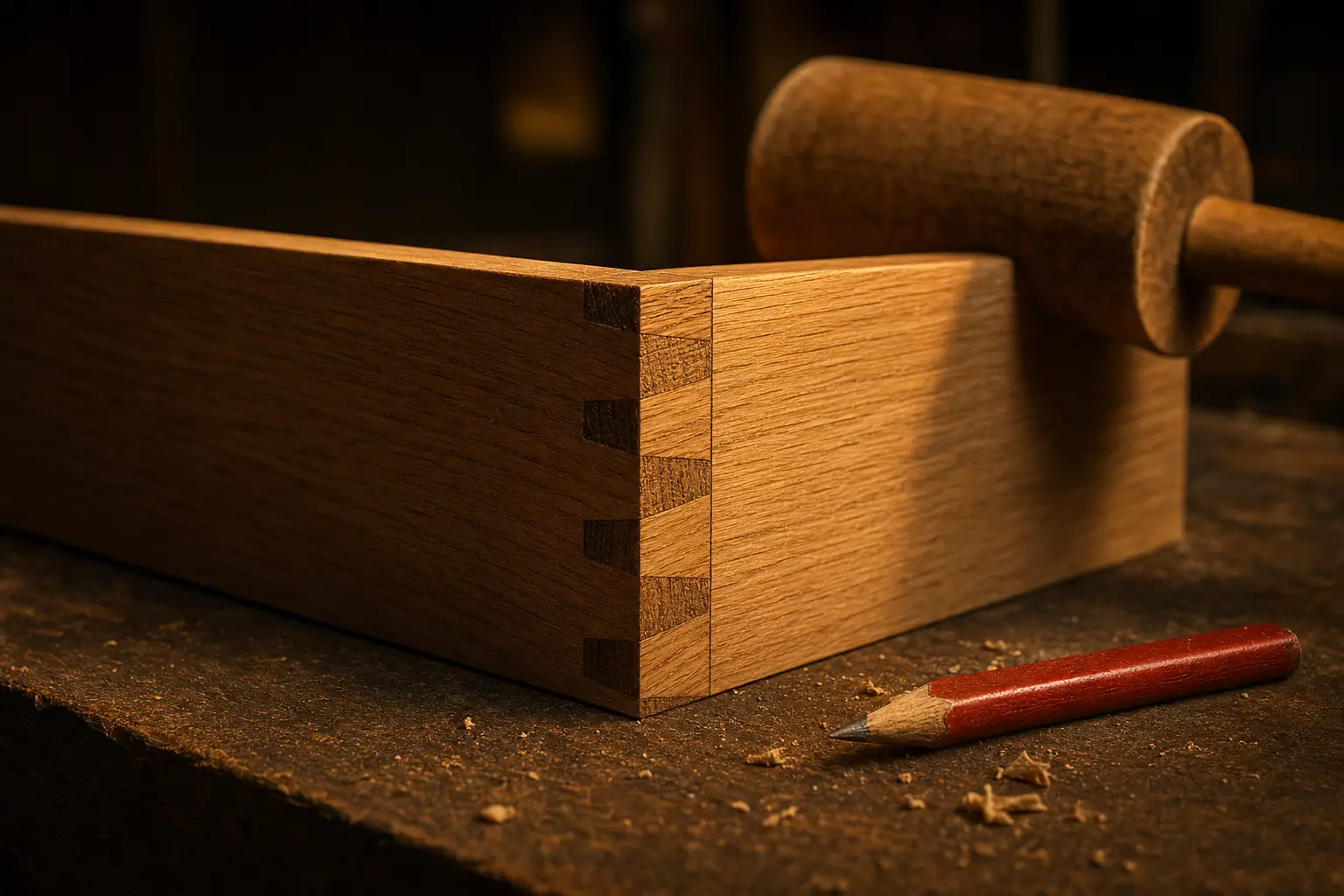 A dovetail joint driven flush so two timber grains meet in one line, mallet and red pencil at rest beside.