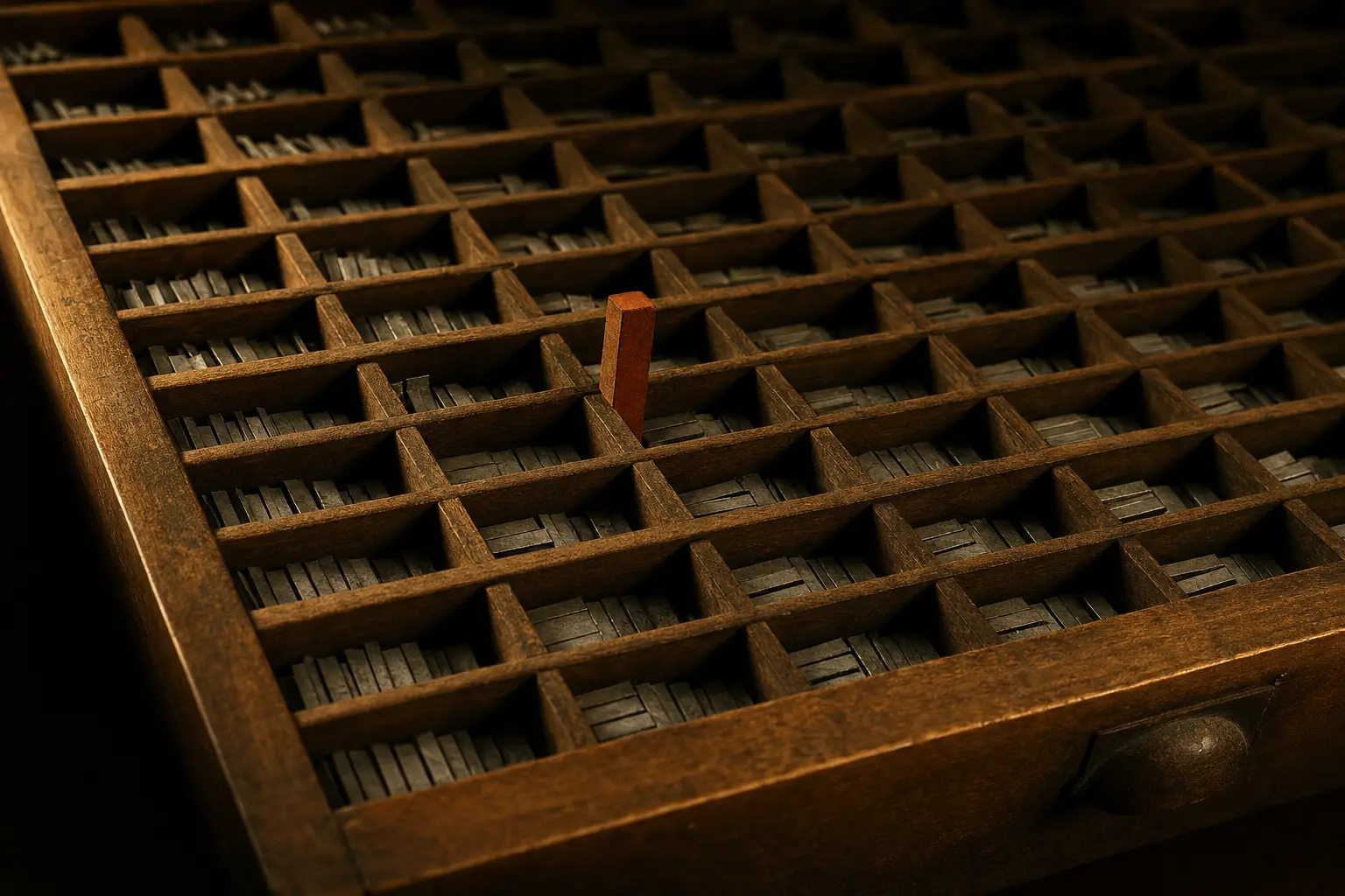 A compositor's drawer of sorted type in low side light, one terracotta sort standing proud of its ordered cell.