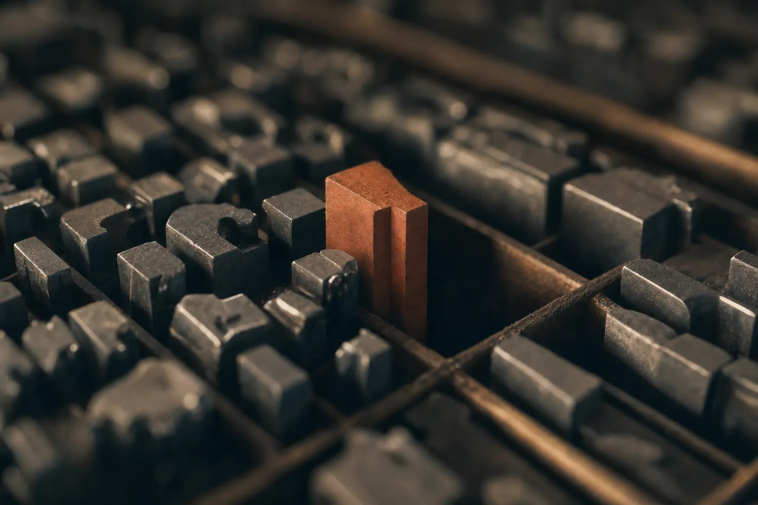 A single terracotta type sort standing above rows of metal type in close low light.