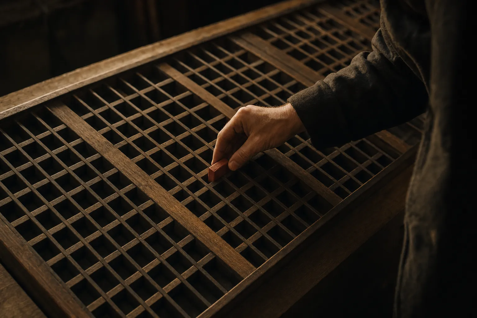 A hand returning the terracotta sort to its exact cell in a compositor's ordered drawer.