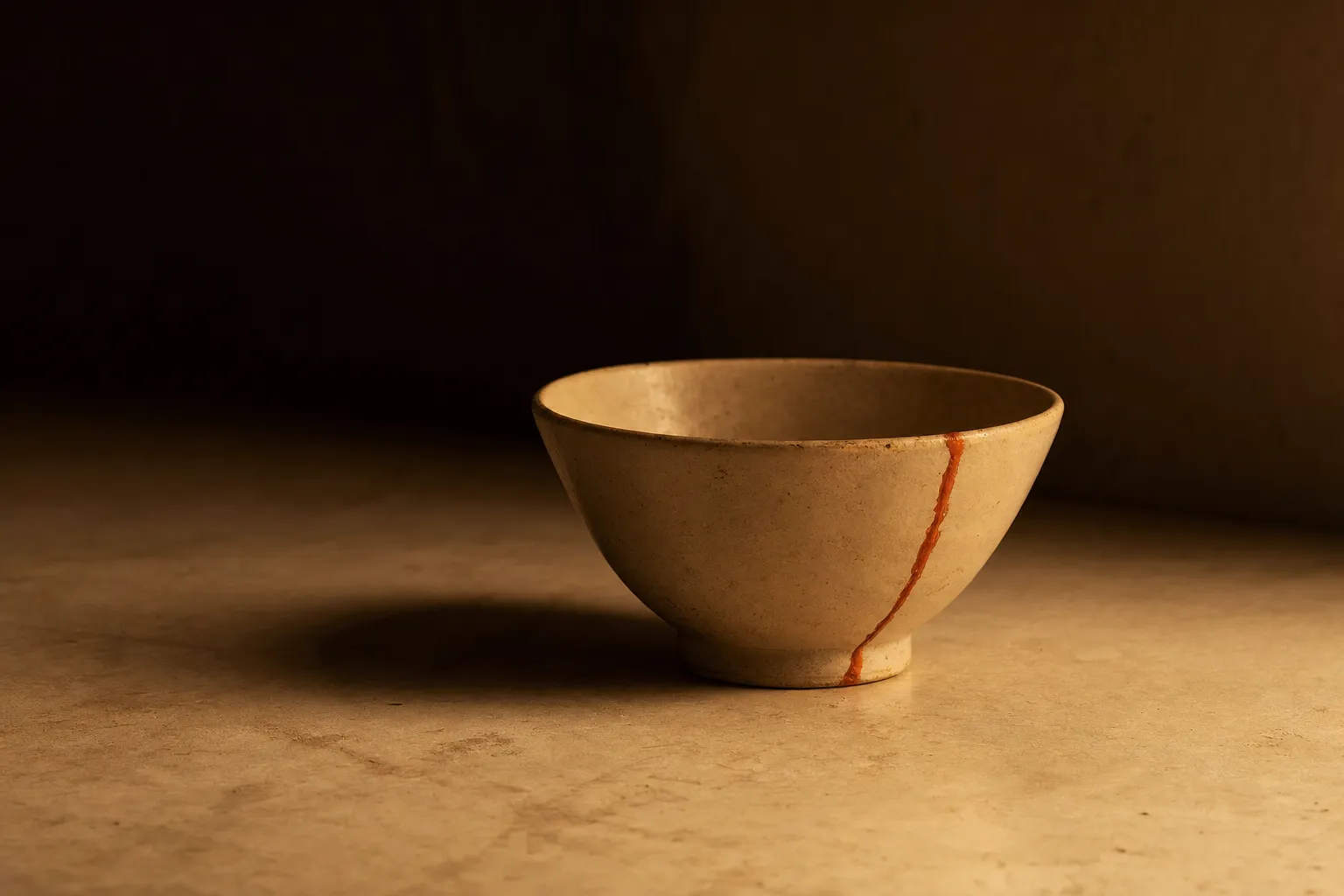 A ceramic bowl standing in raking lamplight, its single terracotta repair seam catching the light.
