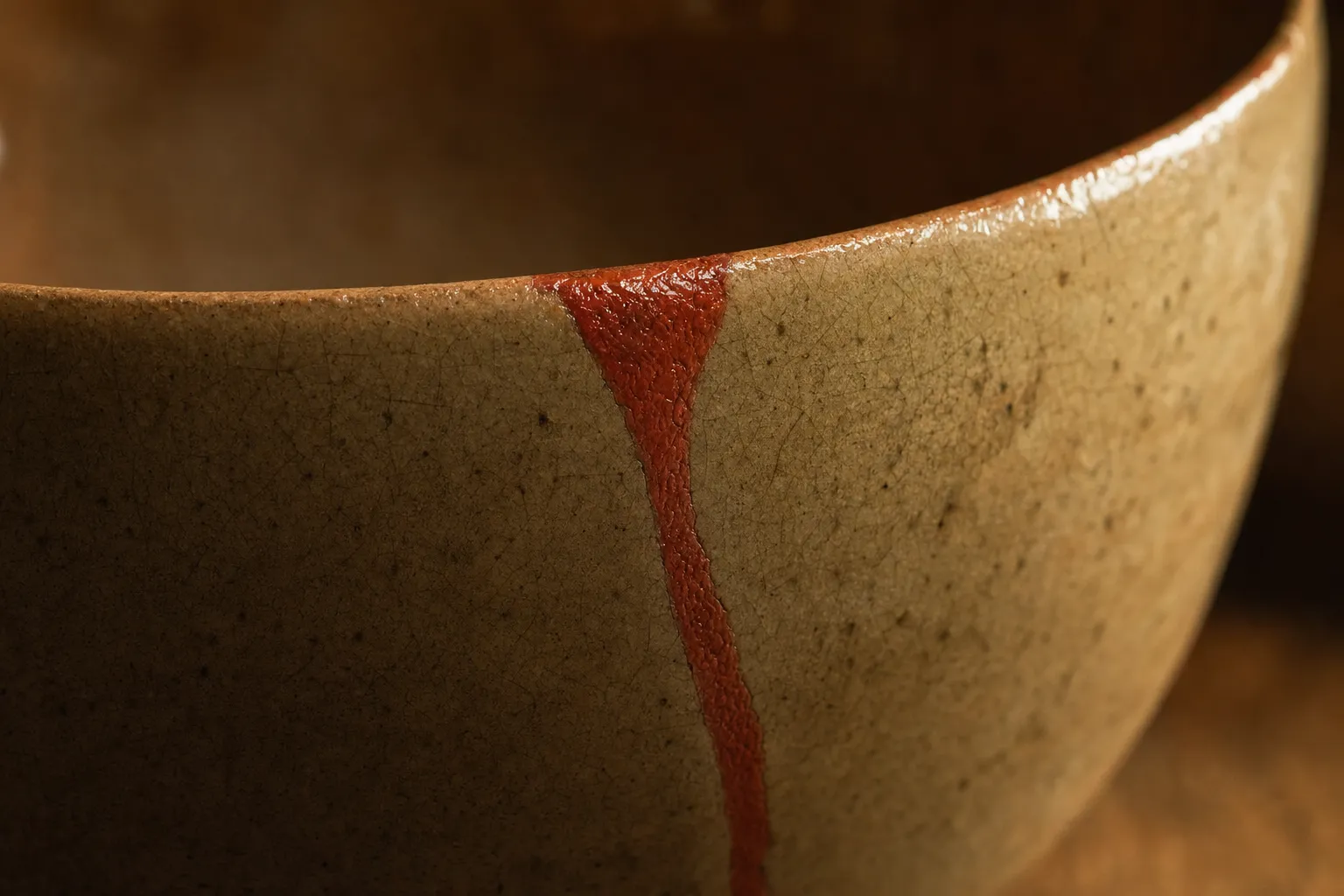 A terracotta lacquer seam crossing a ceramic bowl's rim in close raking light.