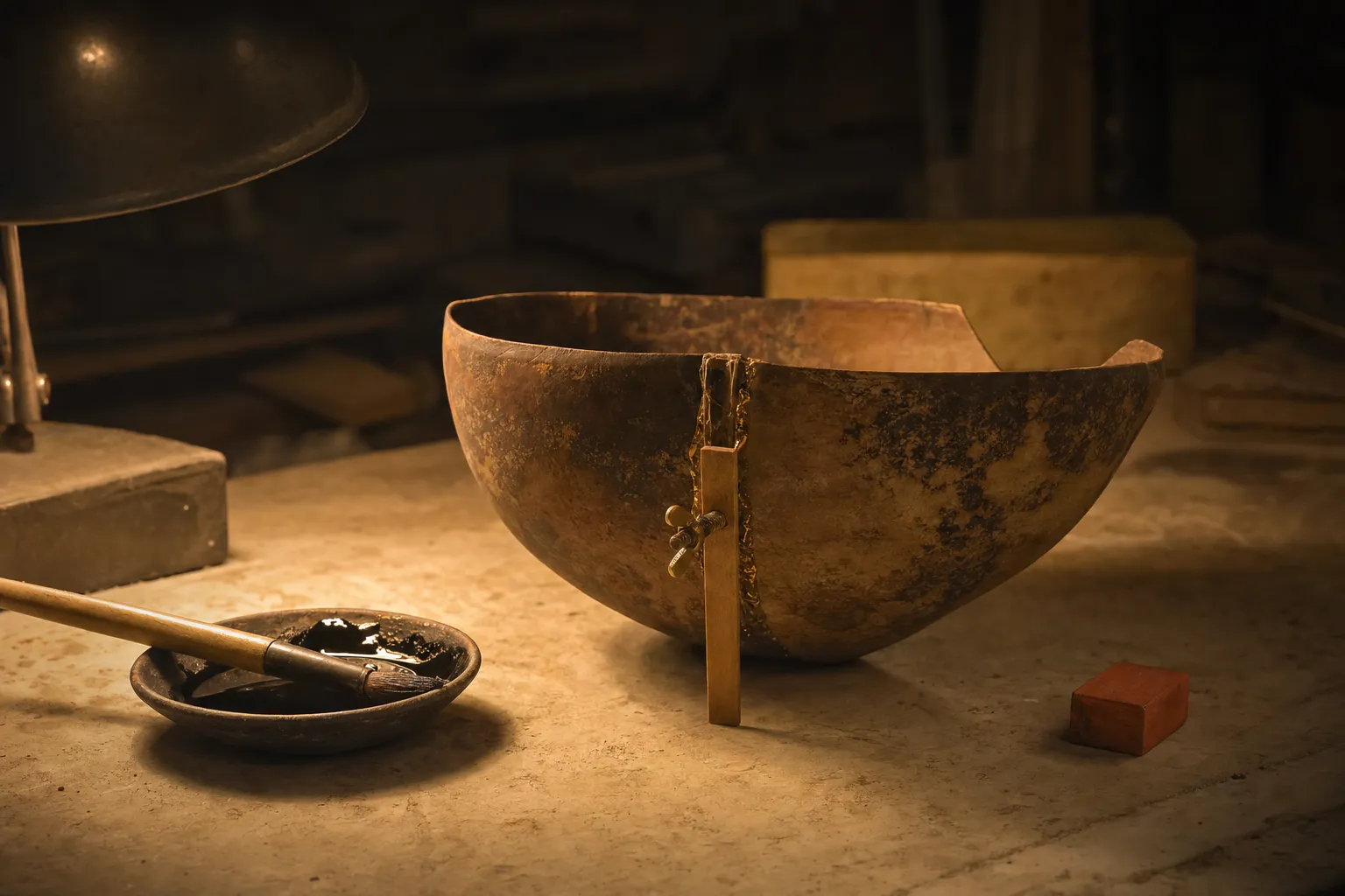 A ceramic bowl mid-repair with its terracotta seam half-joined, held true by a small brace beside brush and lacquer dish.