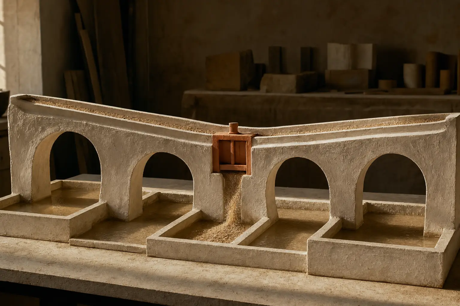 A plaster aqueduct model channeling a flow of sand between three basins, a terracotta sluice gate set at its middle arch in raking light.