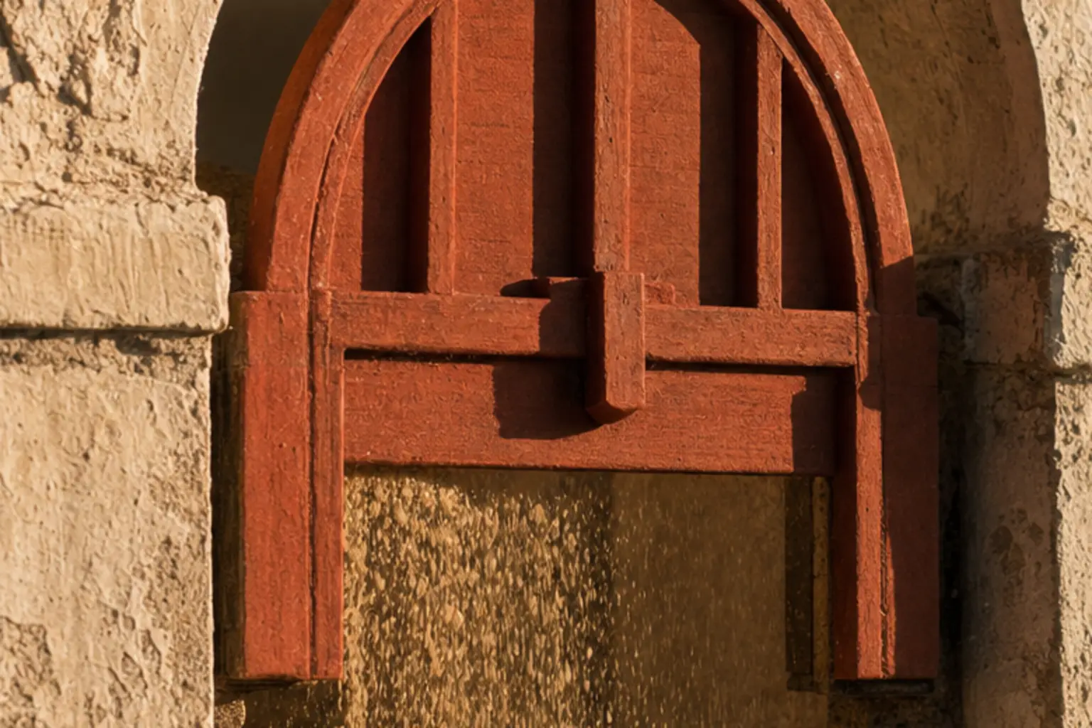A terracotta sluice gate half-raised in a plaster channel with sand streaming through the gap.