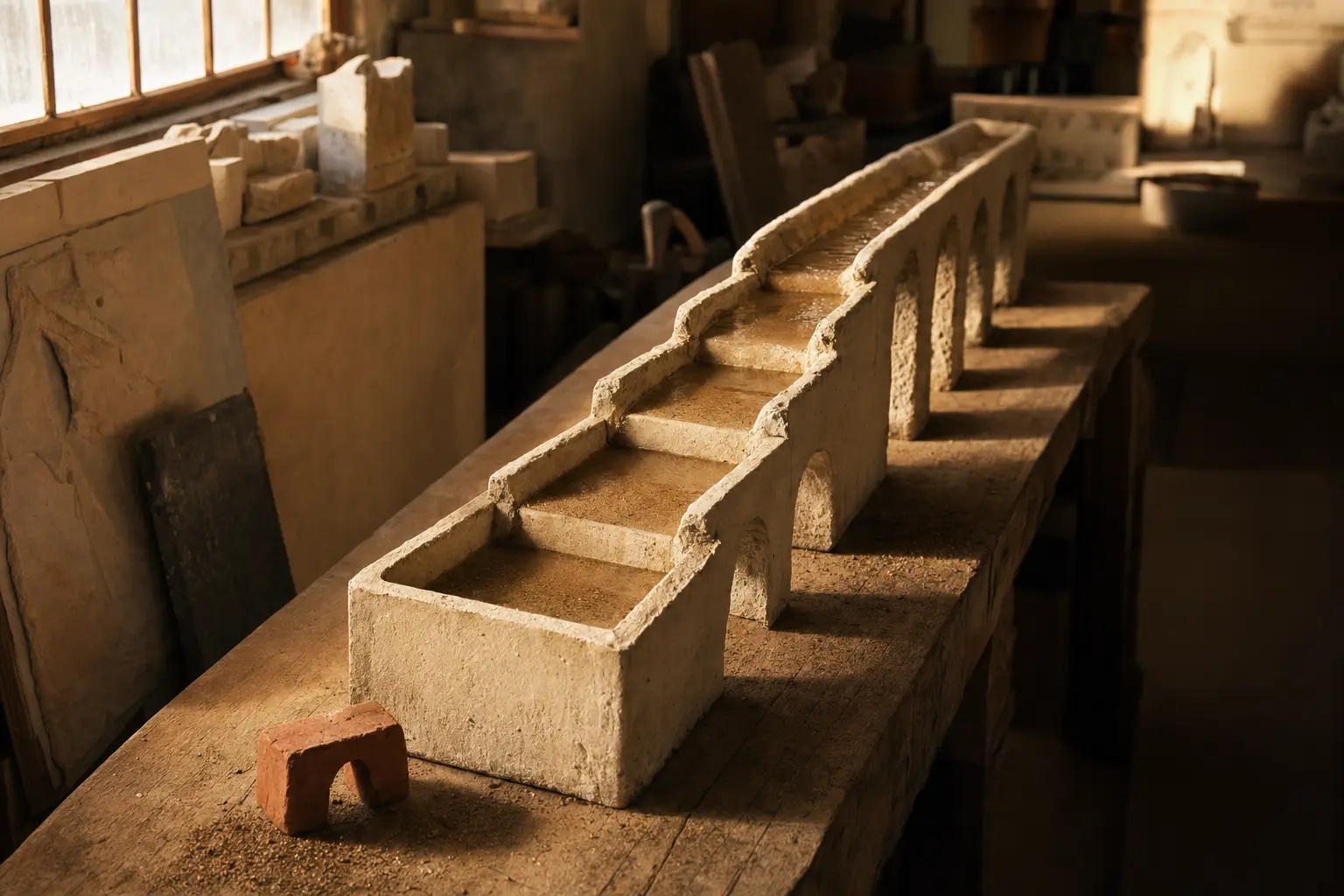 A plaster aqueduct model with its terracotta gate lifted aside, sand running full into the farthest basin.