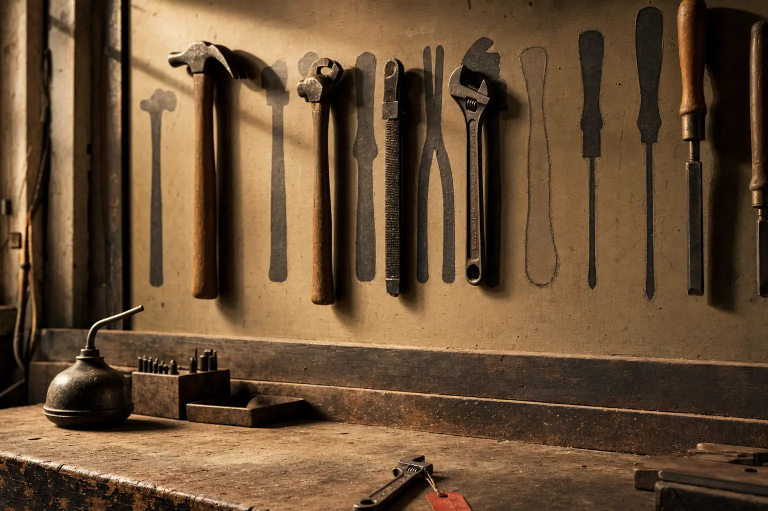 A shadow board of hung tools with one outline empty and the new red-tagged tool waiting on the bench below.