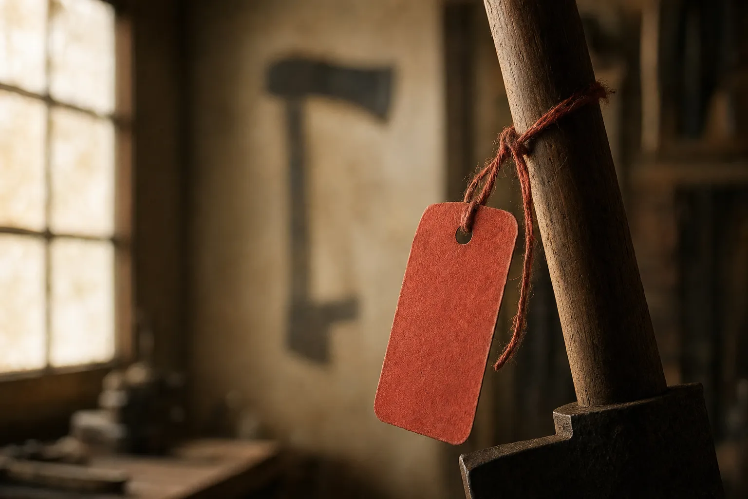 A red tag tied to a tool's handle with its empty shadow-board outline soft behind.