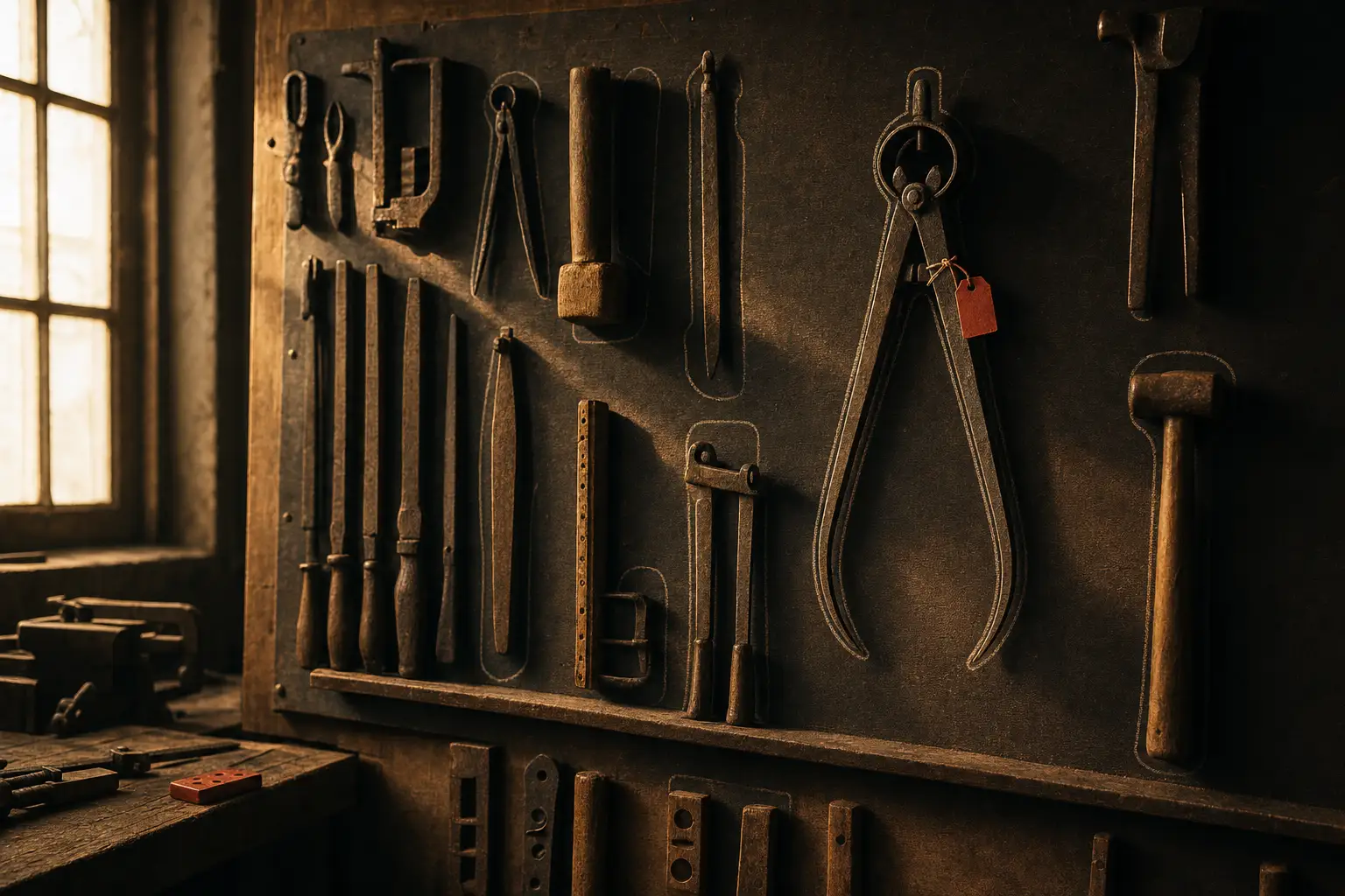 A shadow board complete, the newly hung tool filling its painted outline with its red tag still tied.