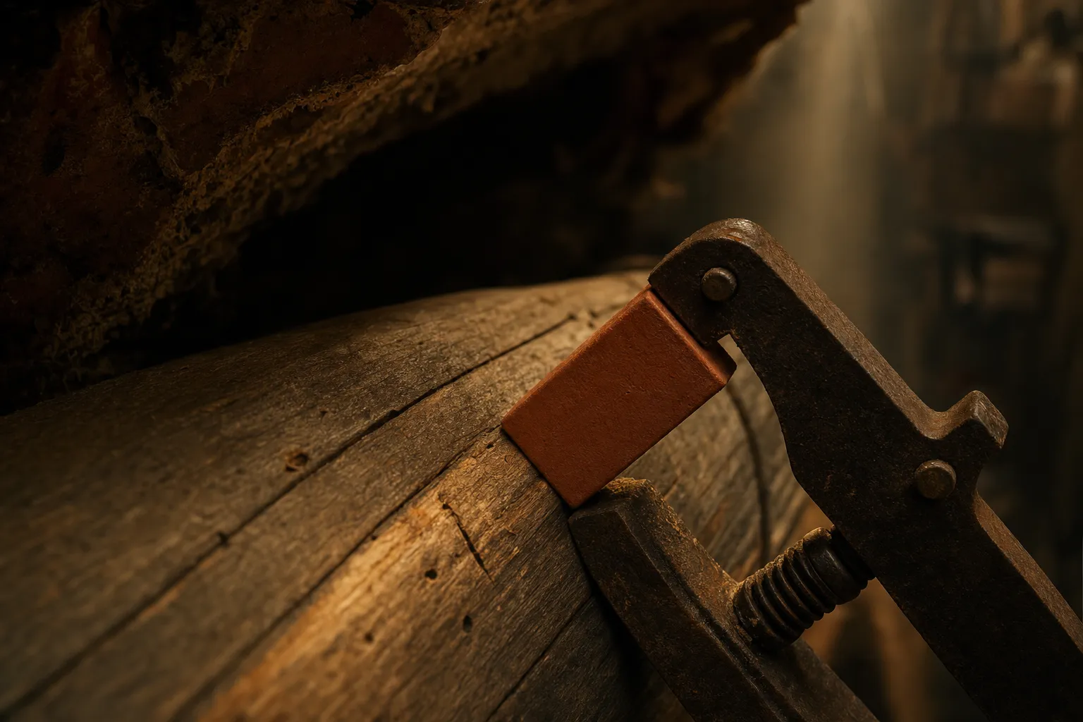 A terracotta prop's head clamped tight beneath a bowing timber plank in close cellar light.