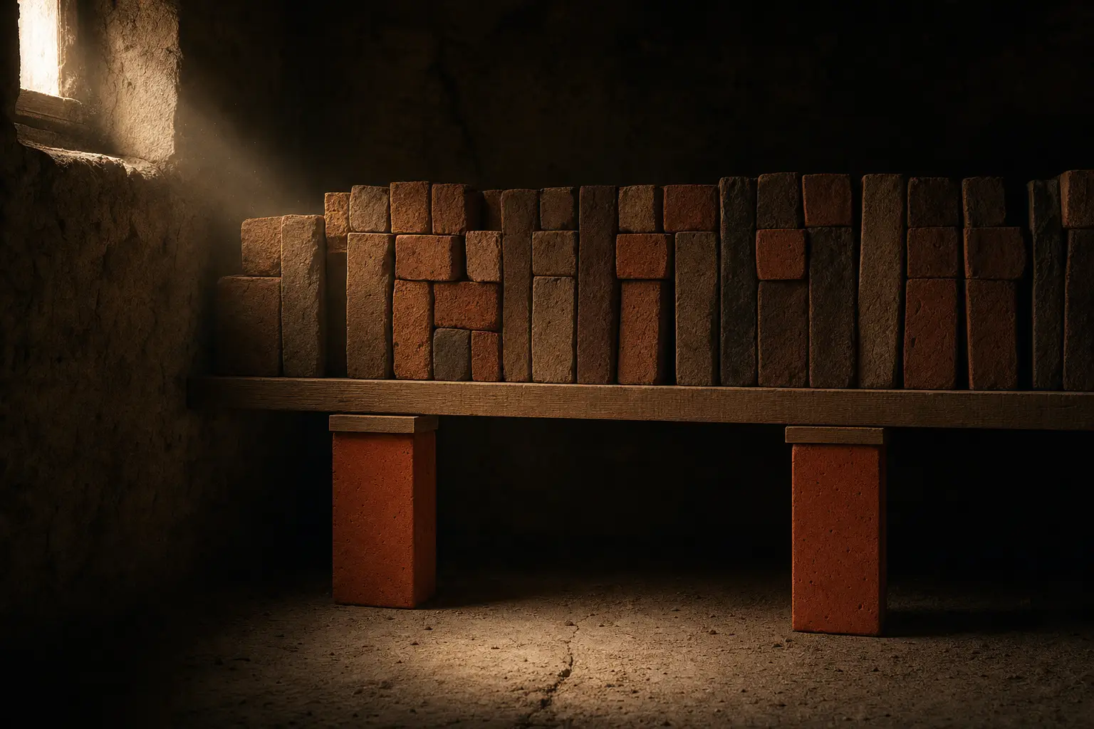 A shelf plank drawn straight beneath its unchanged brick load by two terracotta props.
