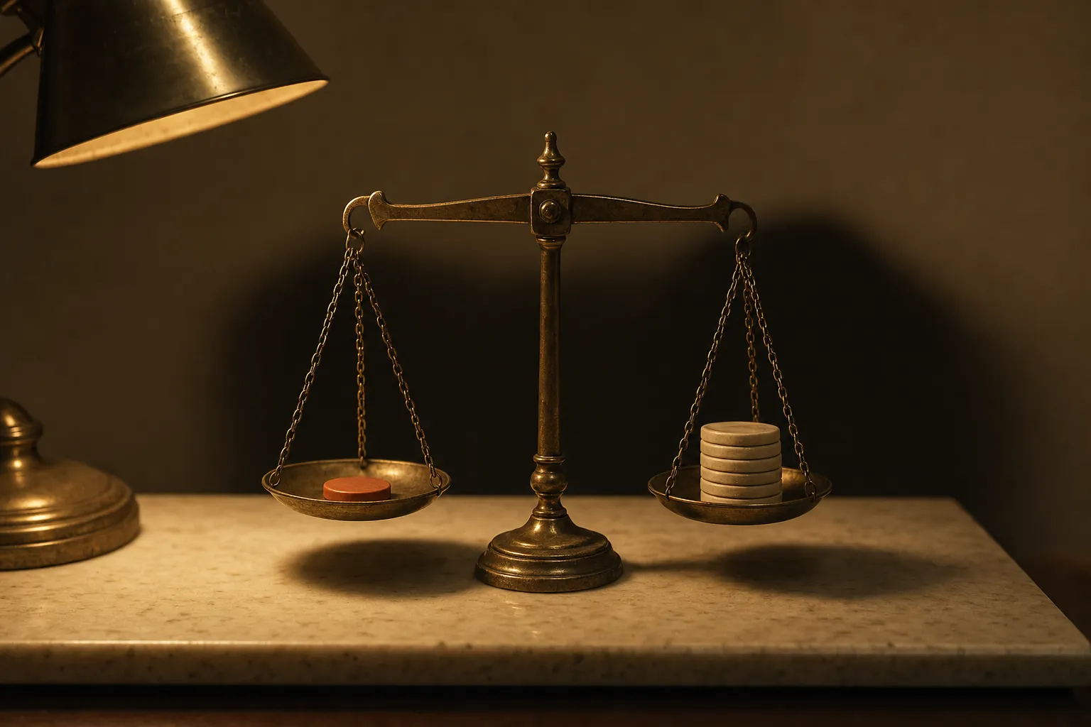 A brass balance scale weighing a single terracotta token against a stack of cream chips under a single lamp.