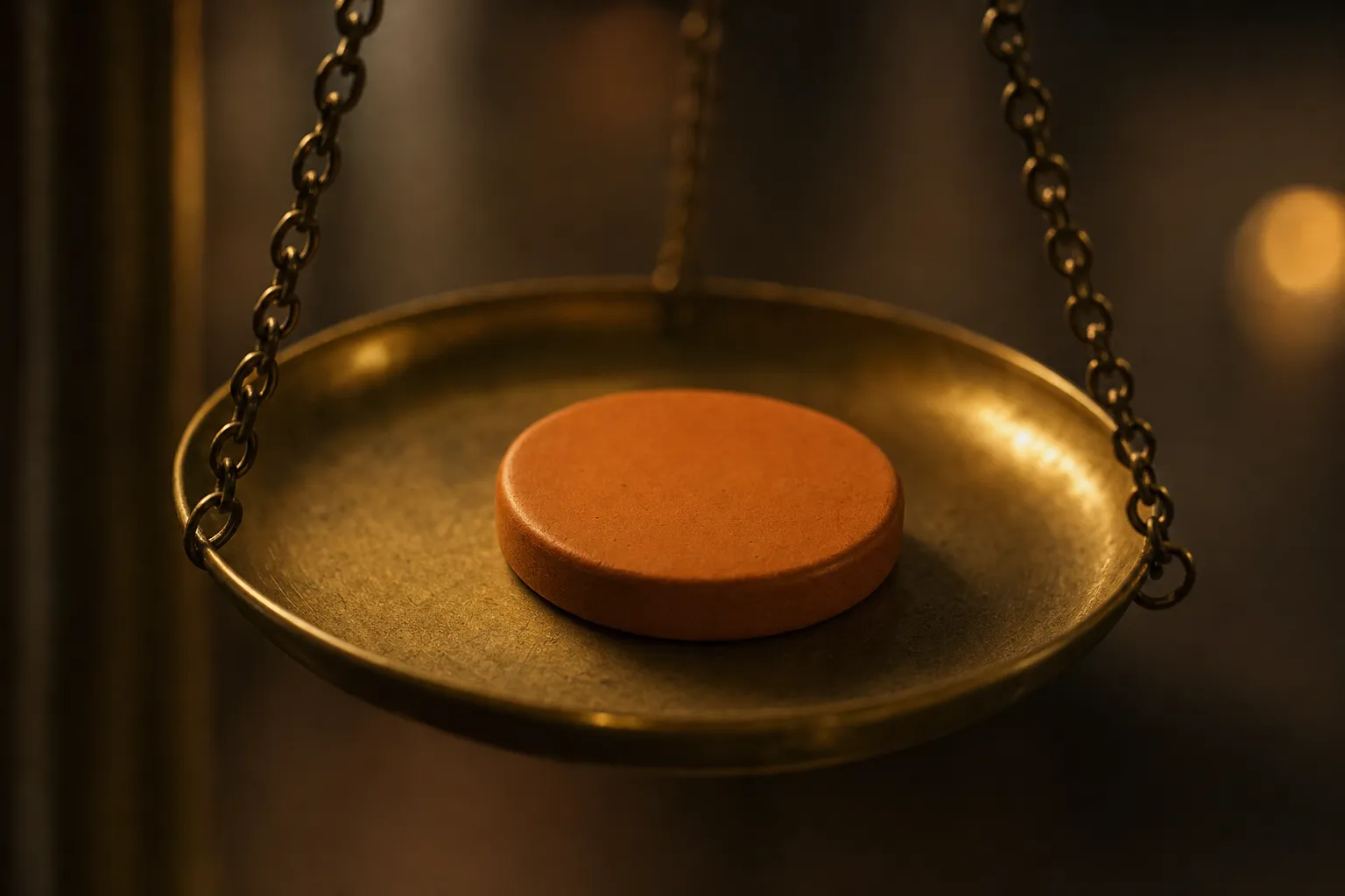 A terracotta token centered in the brass pan of a balance scale in close warm light.