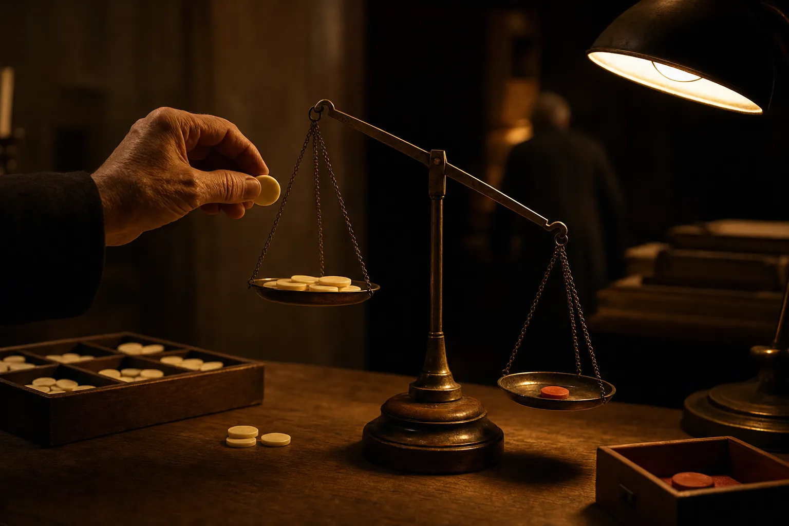 Fingertips removing a cream chip from a balance pan as the beam tips toward the single terracotta token.