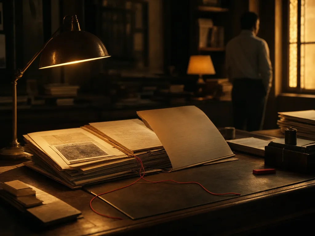 A thick dossier newly opened under a reading lamp, papers fanned and its red binding string lying loose.