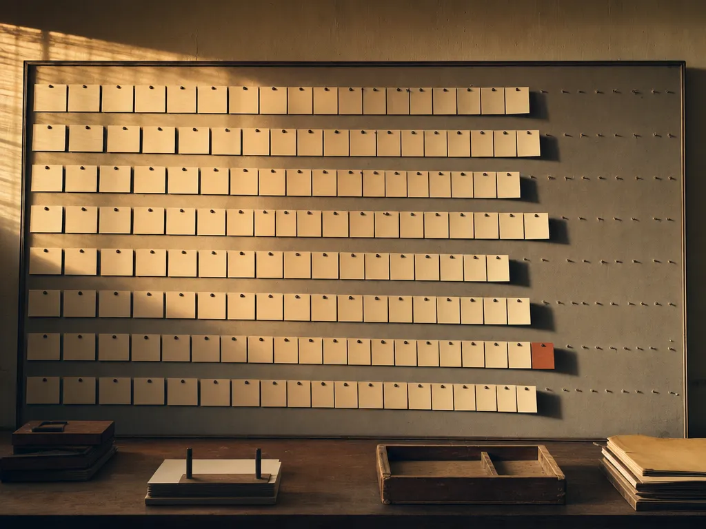 A wall schedule of blank cards re-pinned rightward with old pin holes trailing, the furthest-moved card terracotta.