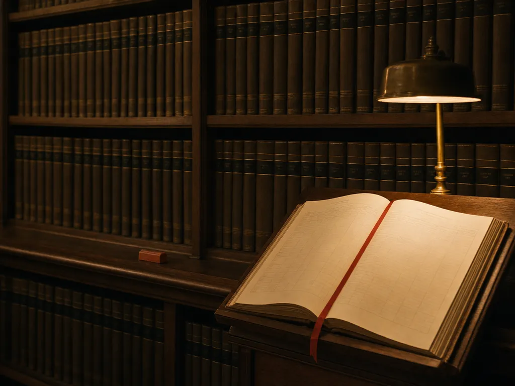 A long shelf of uniform bound annual volumes with one open on a reading stand beneath, red ribbon across its pages.