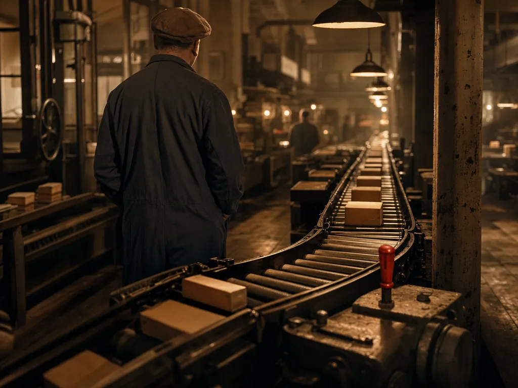 Product moving down a running production line as a supervisor watches from behind, the red start lever engaged at the near machine.