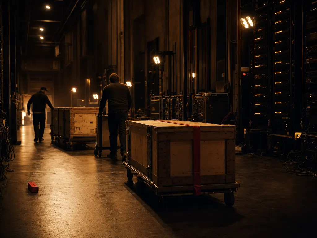 Movers wheeling crates through an equipment hall at night under warm worklights, racks still glowing, one crate banded in red.