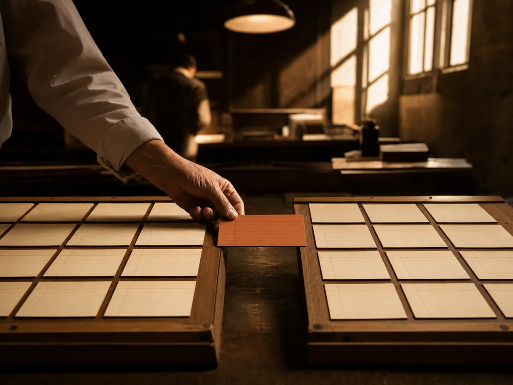 Hands carrying a terracotta card across the gap between two boards of blank staff cards being merged into one.