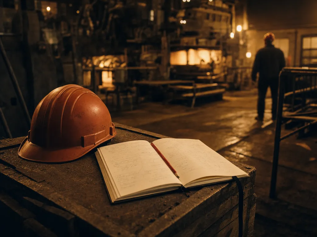 A terracotta hard hat and open field notebook resting on a crate inside a warm-lit working plant.