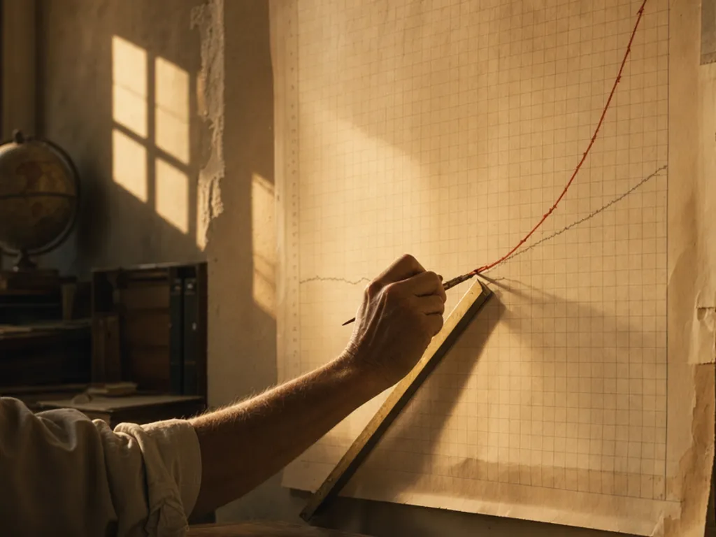 A hand inking a curve steeply upward along a brass rule, the red line climbing past an older shallow pencil track.