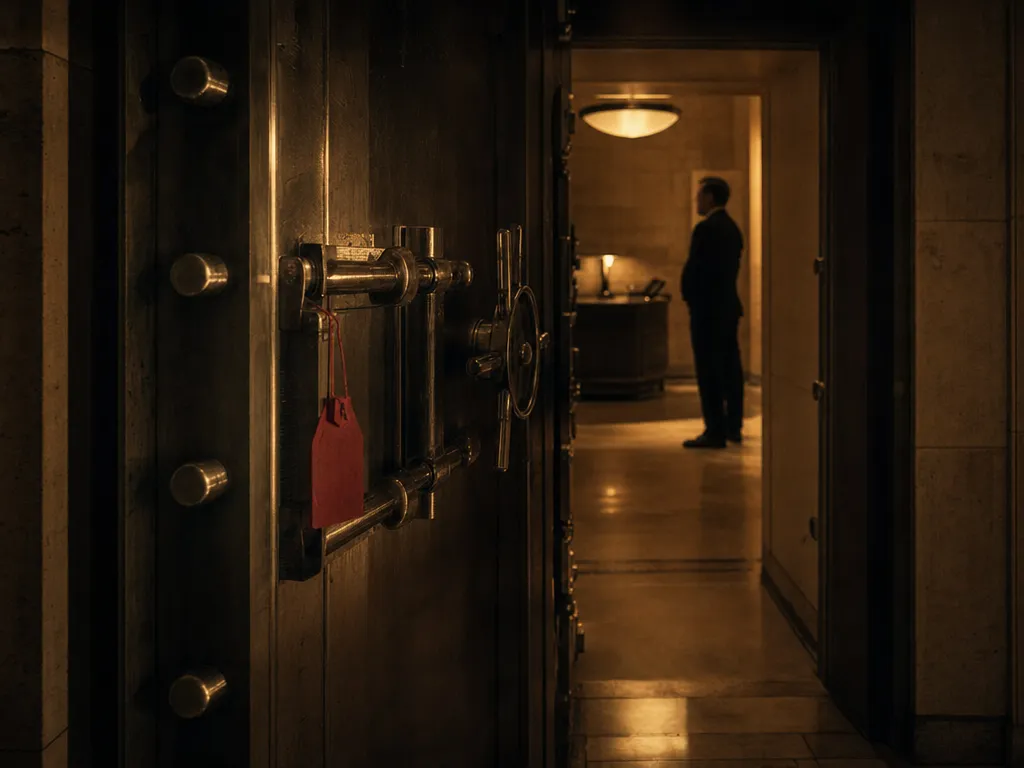 A heavy vault door ajar under warm light with a red seal tag on its handle, an escort figure in profile beyond.