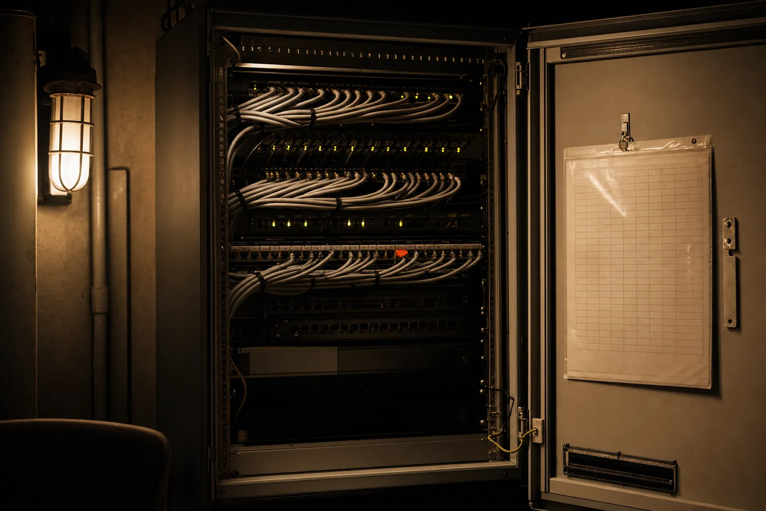 An open network cabinet with dressed cables and a hanging laminated log sheet, one red port cap standing out in the patch field.