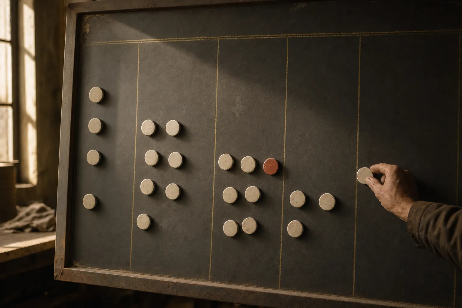 A hand sliding a magnet across a ruled job board of blank markers, one terracotta magnet among them in workshop light.