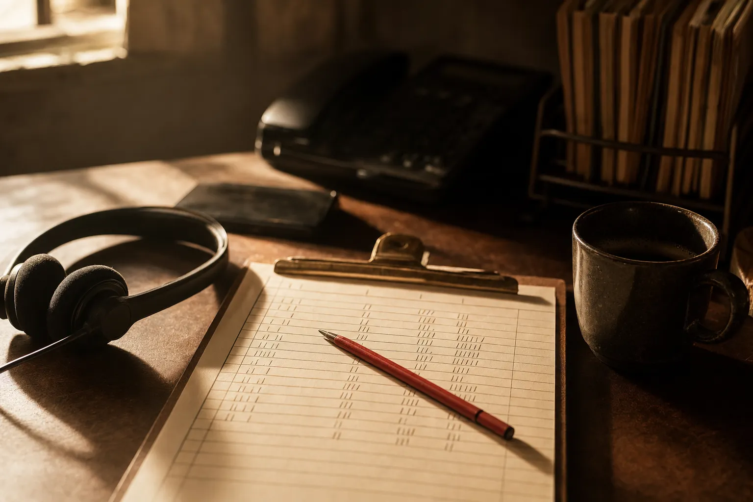 A call sheet of abstract tally strokes on a clipboard beside a resting headset, a red pen lying across the page in morning light.