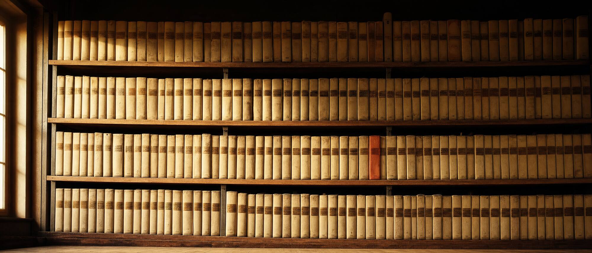 A wall of shelved ledger spines in strict order under raking window light, one terracotta spine breaking the run of bone and tan leather.