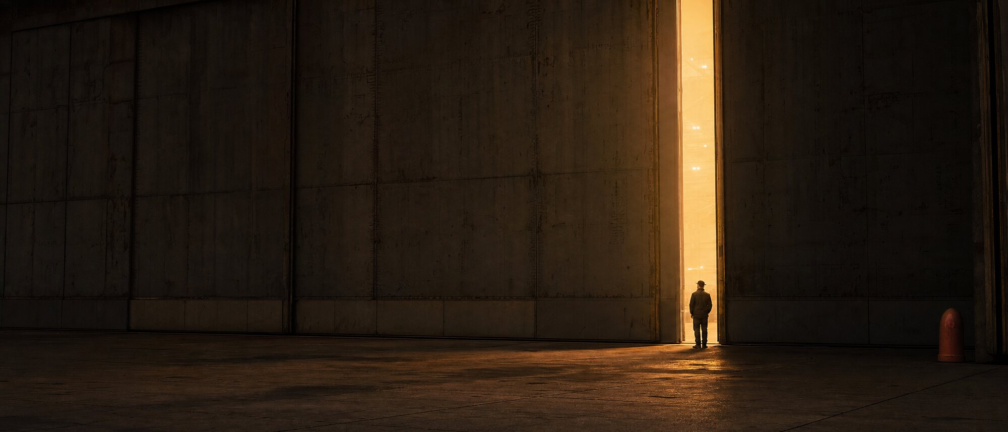 Massive industrial doors standing ajar at dawn with warm light spilling across a worn concrete apron, a lone figure in profile at the gap dwarfed by the scale.