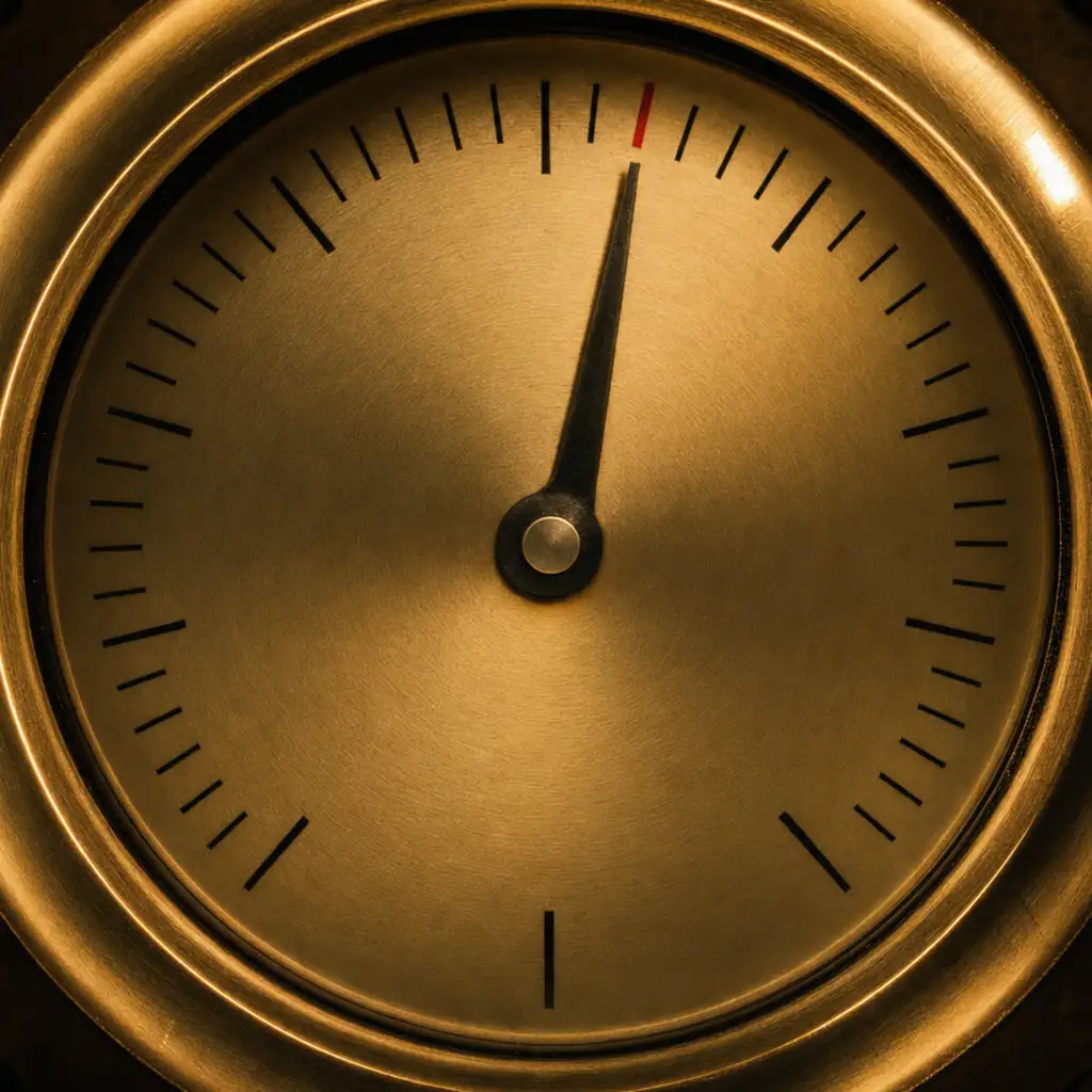 An unmarked brass gauge dial in macro with its needle at rest, one tick marked in red lacquer, warm light on the bezel.