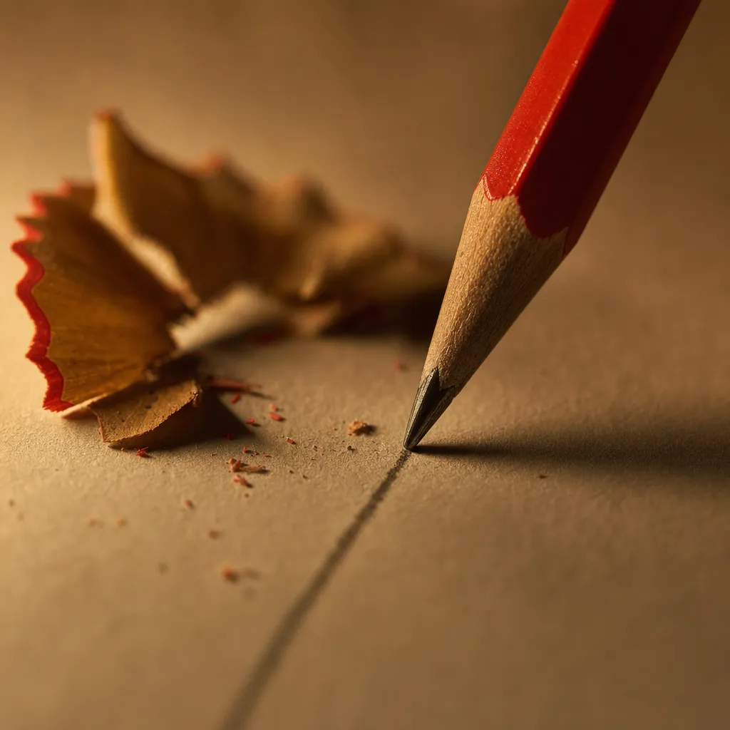 A red pencil's sharpened tip touching paper mid-line in warm raking light, cedar shavings soft in the background.